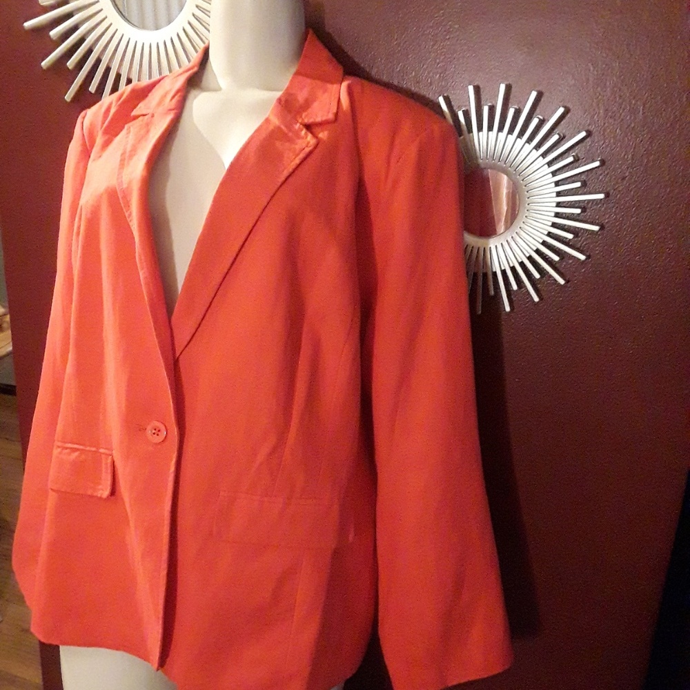 Bright single-button red-orange/coral linen blazer